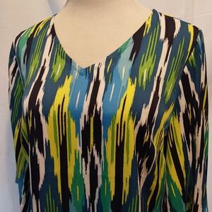 IMAN Blue and Green Patterned V-Neck Blouse